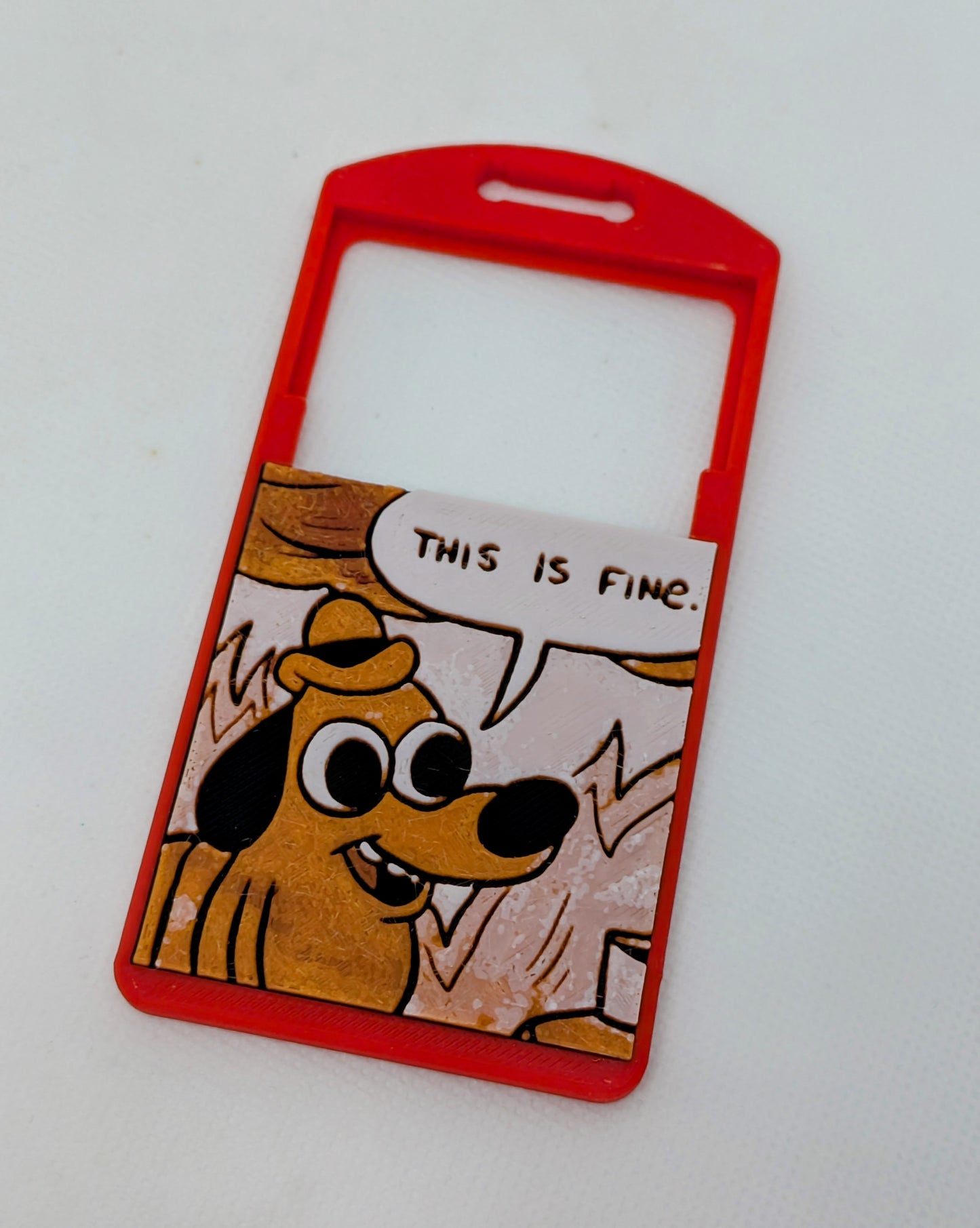 'This is fine' meme over galaxy black or red (your choice) badge holder