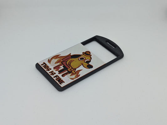 'This is fine' meme over galaxy black or red (your choice) badge holder